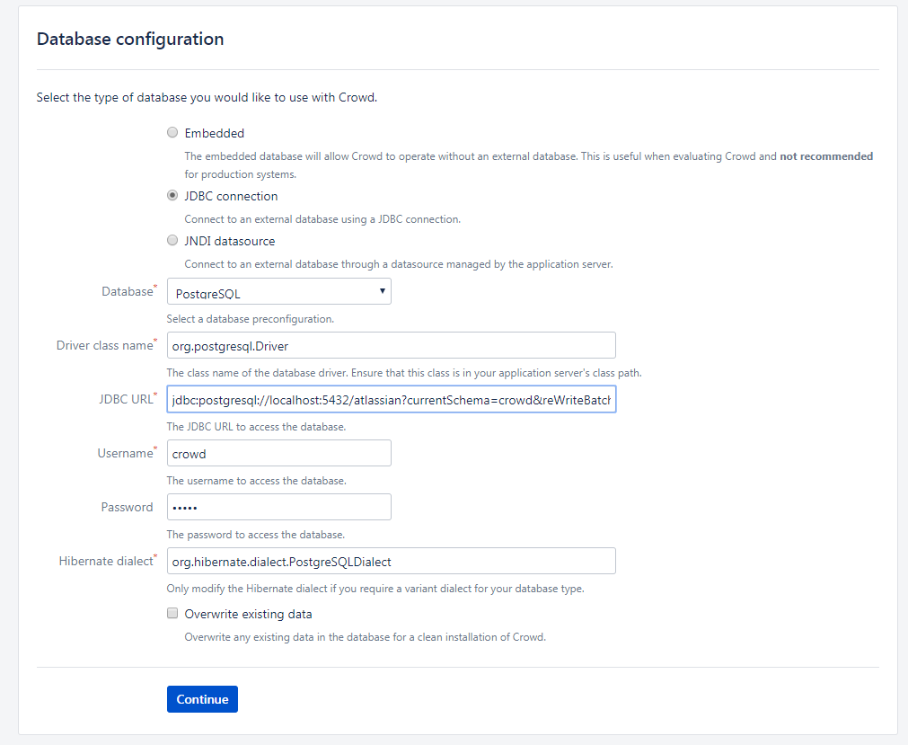 Database configuration